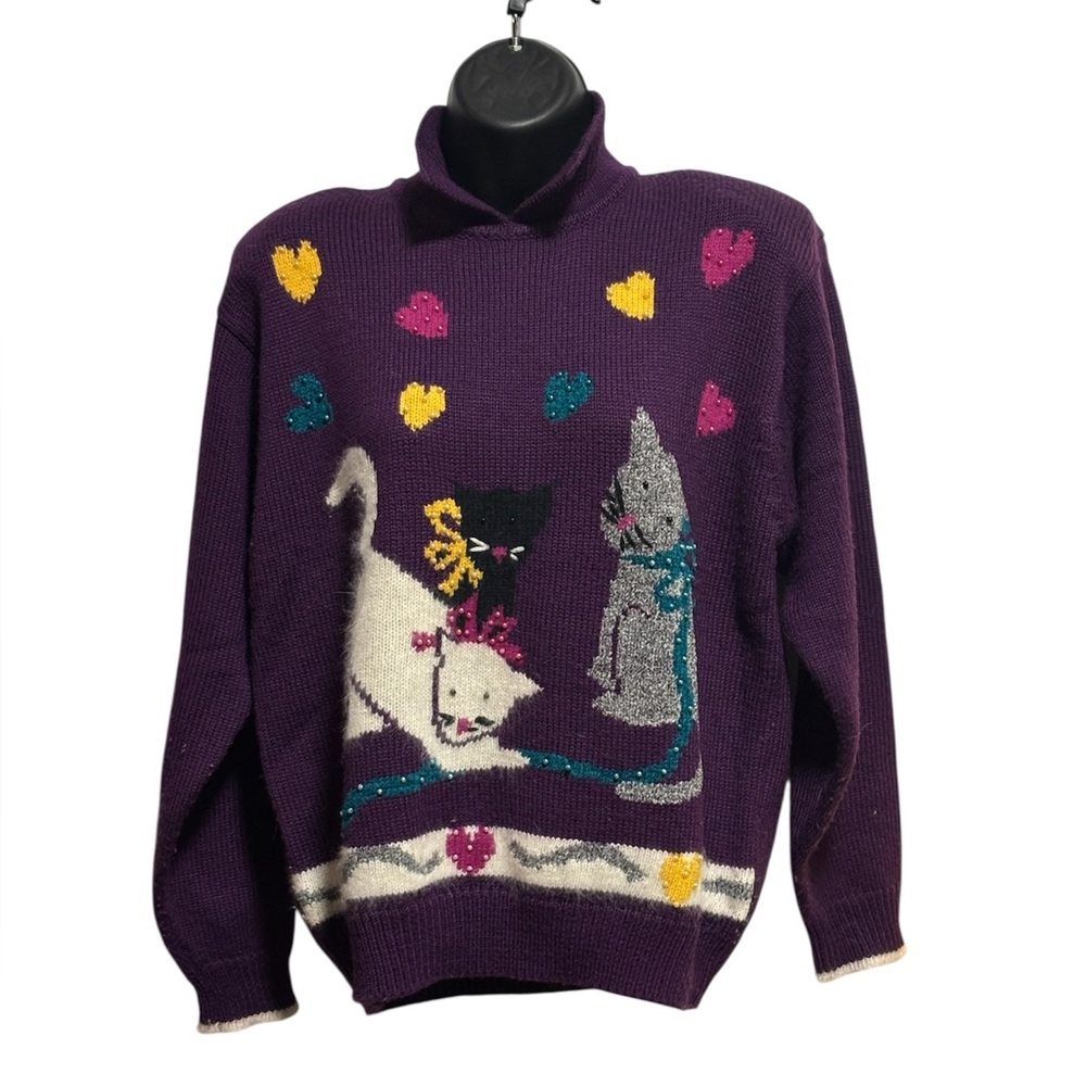 Vintage Purple Sweater with Cat Design